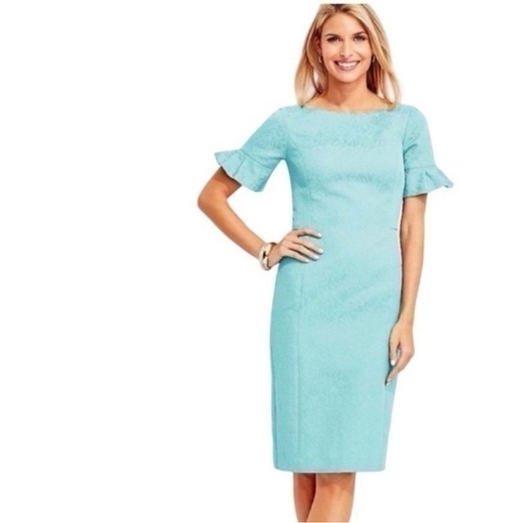 TALBOTS Tiffany Blue Jacquard Brocade Sheath‎ Dress - Picture 1 of 13